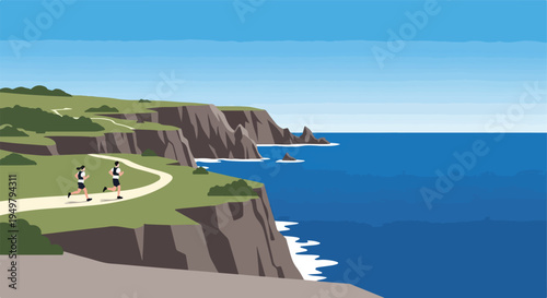 Two people jogging along a coastal path beside the sea under a clear sky