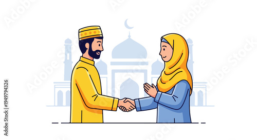 Two people in traditional attire shake hands, with mosque silhouettes in background