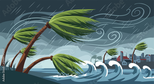 A stormy seascape with bent palm trees and crashing waves approaching a town