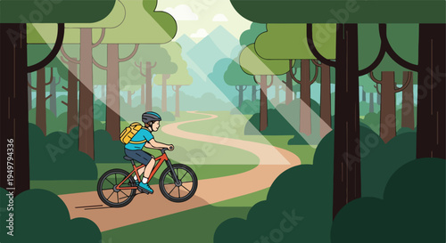 Young person on bicycle riding through a sunlit forest path