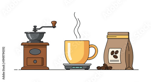 A coffee grinder, a steaming mug on a scale, and coffee beans with a bag