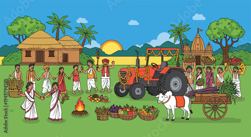 Rural Indian community celebrates harvest with dancing, offerings, and tractor