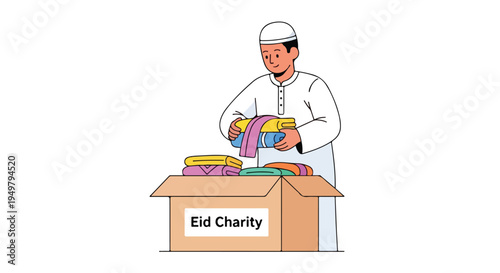 Person in traditional clothing packs colorful folded textiles into a box labeled "Eid Charity.