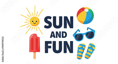 Vector summer icons set with sun, beach ball, sunglasses