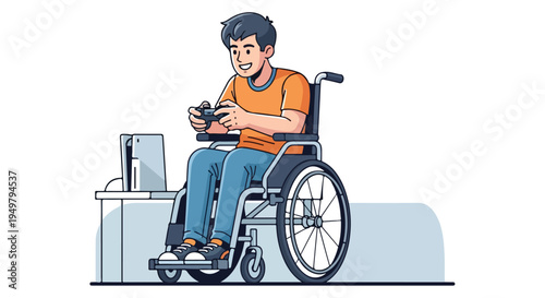 Cheerful person in a wheelchair joyfully plays a video game