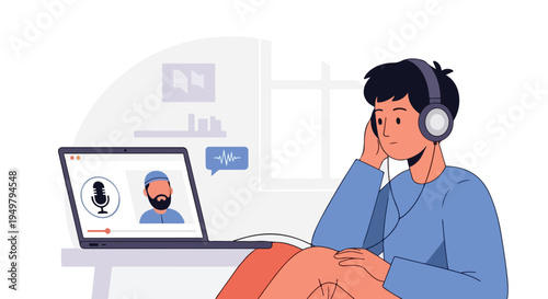 Person wearing headphones watches a video call with a microphone icon