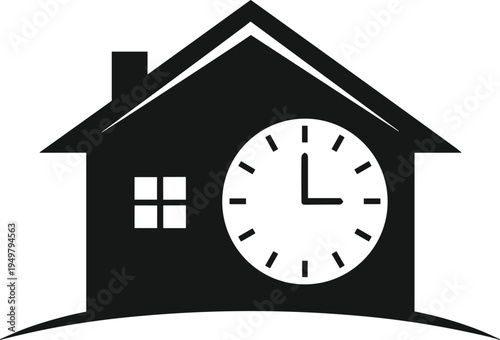 House Icon with Clock Face Silhouette Vector Illustration for Real Estate Timing Home Delivery Service Work From Home and Deadline Concept