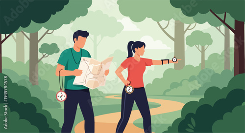 Two people using map and compass navigate a winding path through a lush forest