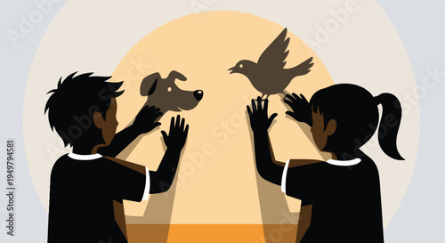Children use hands to create shadow puppets of a dog and a bird