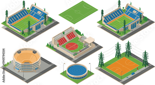 Isometric sports stadium collection, football field, basketball court, athletics arena, soccer field, sport complex, urban stadium infrastructure illustration design
