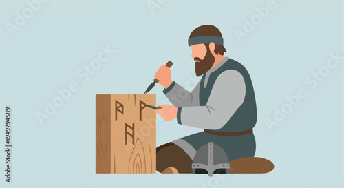 A man carves runes into wood with a chisel, wearing historical attire