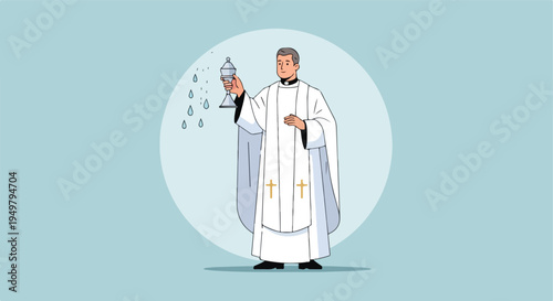A clergyman in white vestments holds a chalice, sprinkling holy water from it