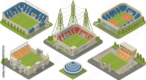 Isometric sports stadium set, football soccer arena, basketball court complex, modern sport facility architecture, outdoor field infrastructure illustration