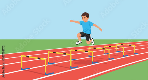 Young athlete leaps over hurdles on a sunny day at the track and field stadium