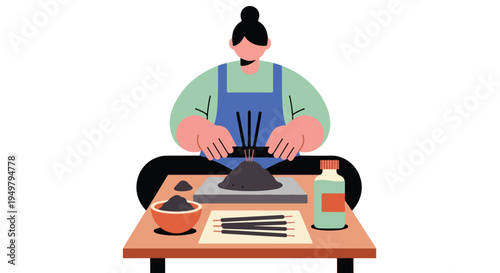Person crafting incense sticks with ingredients and tools on a table