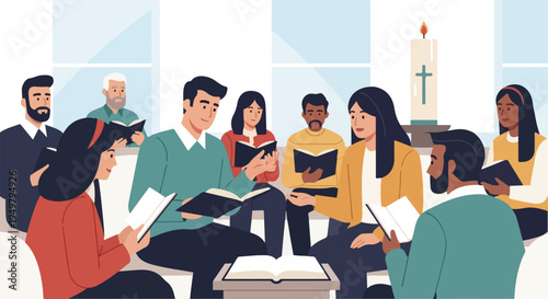 Diverse group of people reading books and a candle with a cross in a room