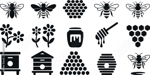 Black and white bee including bees honeycombs flowers and hives