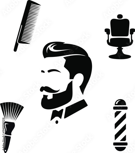 Black and white barber shop with mans head and grooming tools