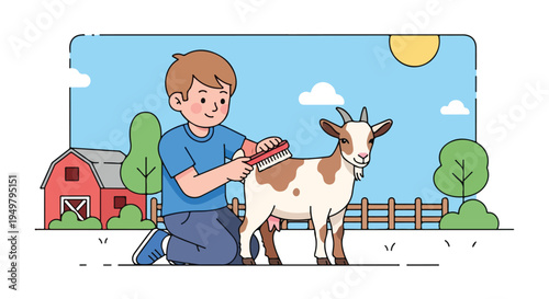 Boy brushing a goat on a sunny farm with a red barn and trees