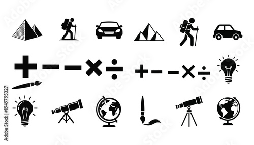 Collection of black silhouette icons including travel math science and art