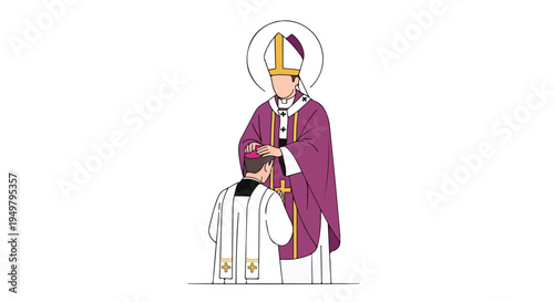 Cleric bestows blessing during religious ceremony, robed figure kneels