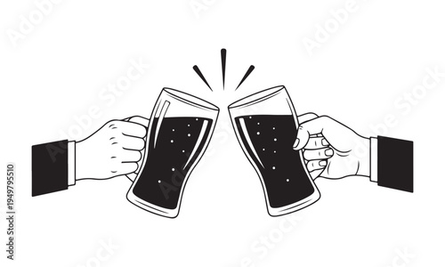 Vintage style line art illustration of two people toasting with craft beer glasses
