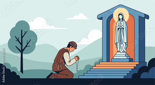 A person kneels in prayer before a statue of Mary in a stylized outdoor setting