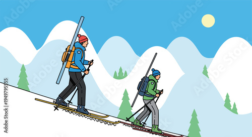 Two cartoon skiers ascend a snow-covered mountain slope with trees