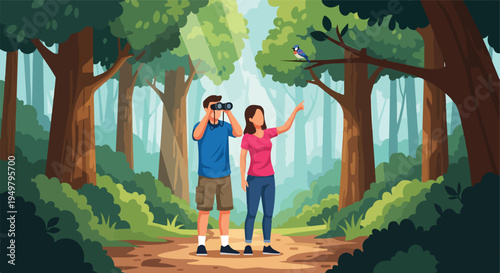 Two people in a forest observe a bird