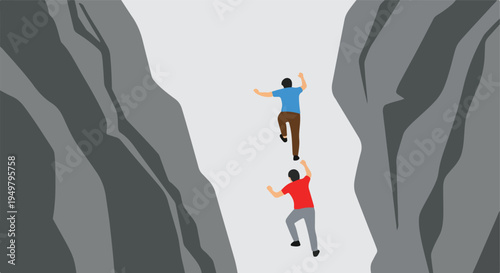 Two individuals ascend a steep, narrow rock face in a minimalist illustration