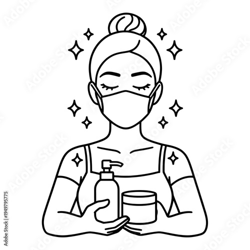 Woman With Face Mask And Skincare Line Icon