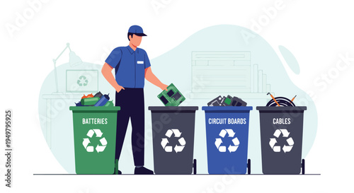 Person sorting electronic waste into labeled recycling bins for batteries, circuit boards, and cables