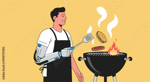 Robotic arm assists man grilling burger and patty over charcoal barbecue
