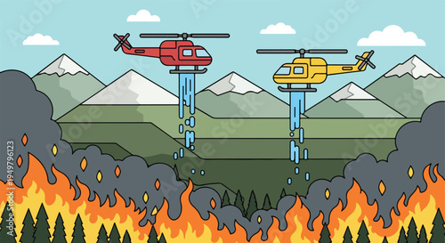 Two helicopters dousing a forest fire with water amidst mountains
