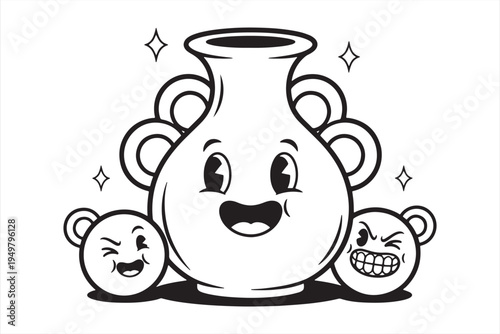 A cartoon vase with two face emojis on either side