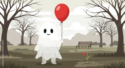 A friendly ghost holding a red balloon in a barren, autumnal park
