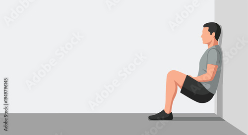 Man leaning against a wall doing a squat exercise