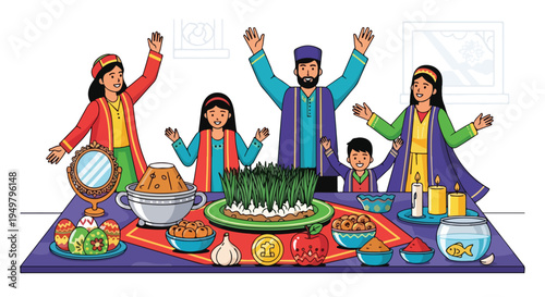Family celebrating Nowruz with traditional items including sabzi, eggs, and a goldfish