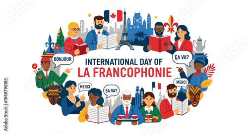 Illustration celebrating International Day of La Francophonie with diverse people engaging in various activities around a logo, conveying a joyful and cultural mood with vibrant colors