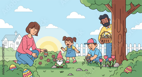 Family enjoys Easter egg hunt in a sunny yard with a gnome