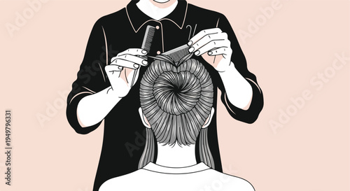 Stylist uses comb and shears to create an intricate updo hairstyle
