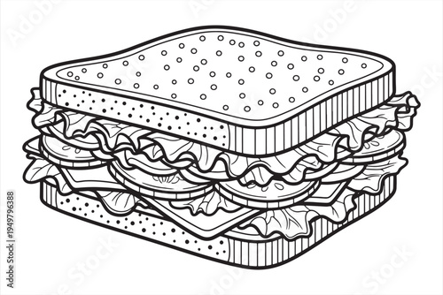A detailed drawing of a sandwich with lettuce and bread