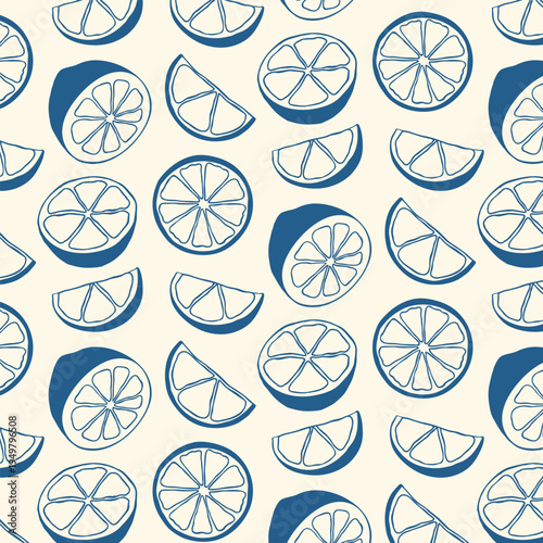 Hand drawn lemon slice and wedge seamless pattern in whimsical doodle style. Bright citrus themed vector background ideal for textile, packaging, wrapping paper and summer surface design.