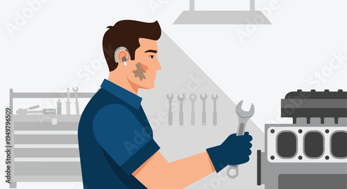 Male mechanic with hearing aid repairs engine in workshop with tools