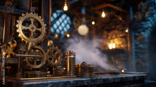 Intricate steampunk machine with golden gears, pipes, and smokey steam billowing
