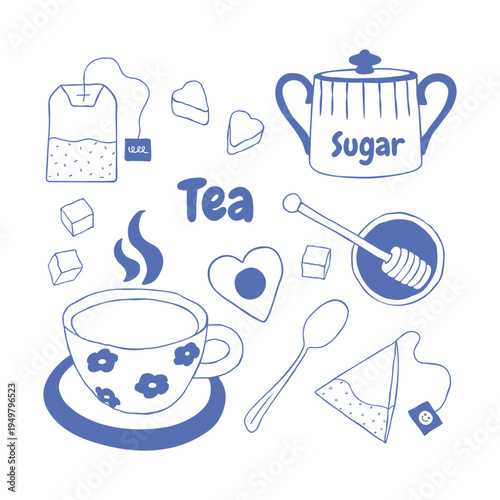 Whimsical hand drawn tea themed illustration with teapot, tea cup, teabag, honey dipper, lemon and sugar cubes. Cozy kitchen doodle composition perfect for cafe menu design, tea packaging and food the
