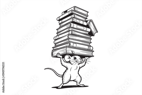 A mouse carrying an enormous stack of books on its head