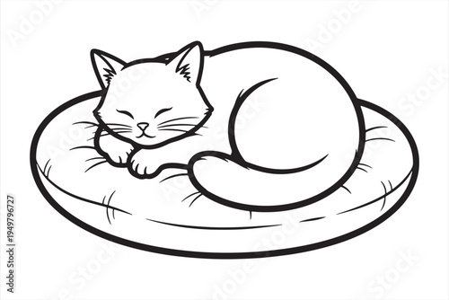 A serene black and white illustration of a sleeping cat curled up on a plush cushion