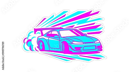 Wallpaper Mural Neon blue drift car sticker with pink speed lines and smoke, synthwave sports car illustration isolated on white background
 Torontodigital.ca