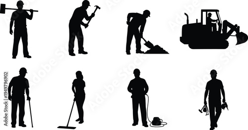 Construction worker silhouettes set, builders with tools shovel hammer excavator and cleaning equipment, industrial labor team, maintenance service vector illustration collection